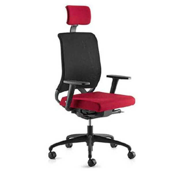 ergonomski pisarniški stol z rdečim sedalom in naslonom za glavo