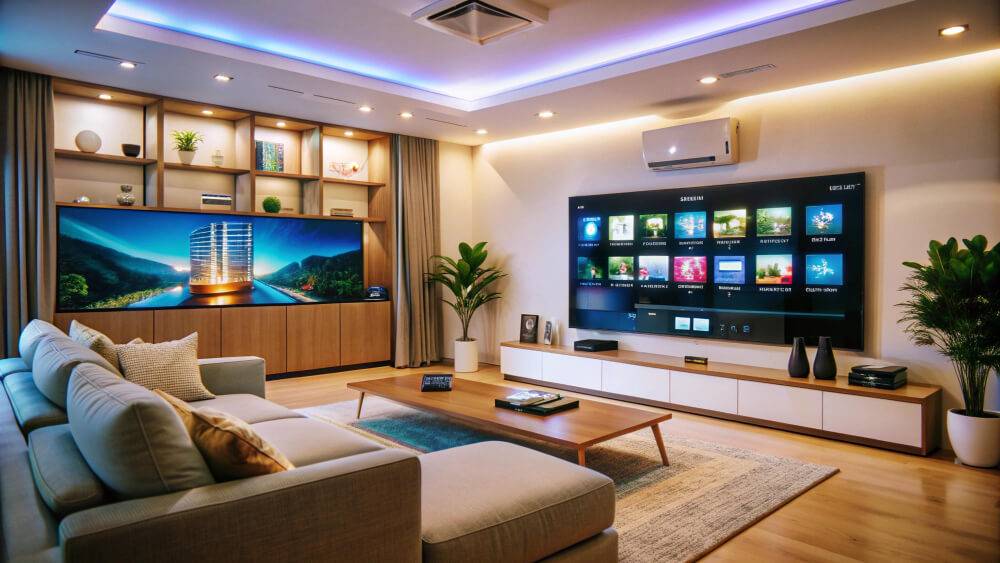 led trak za tv, nameščen za televizijskim ekranom v osvetljeni dnevni sobi