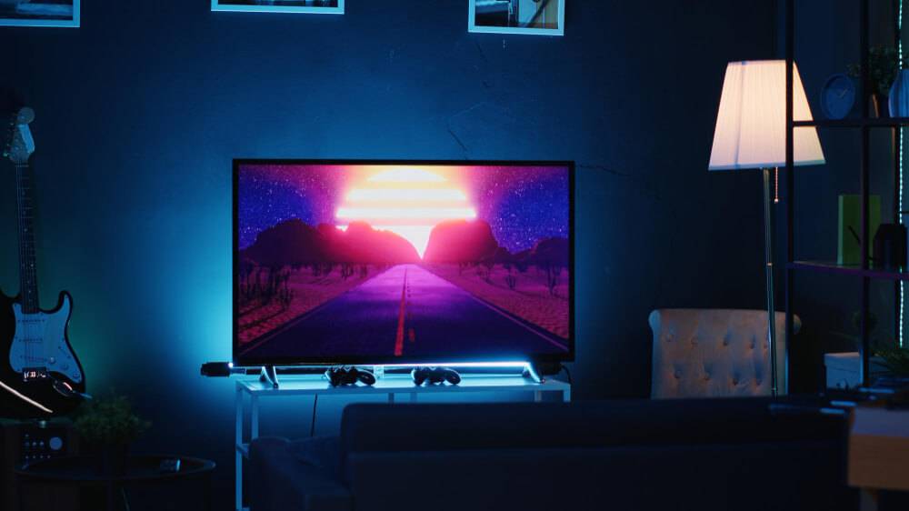 led trakovi v vijiolični barvi osvetljujejo televizijo