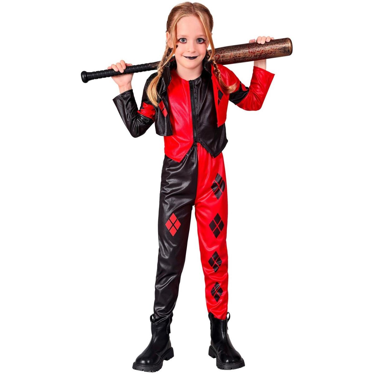 dekliški kostum Harley Quinn v rdeči in črni